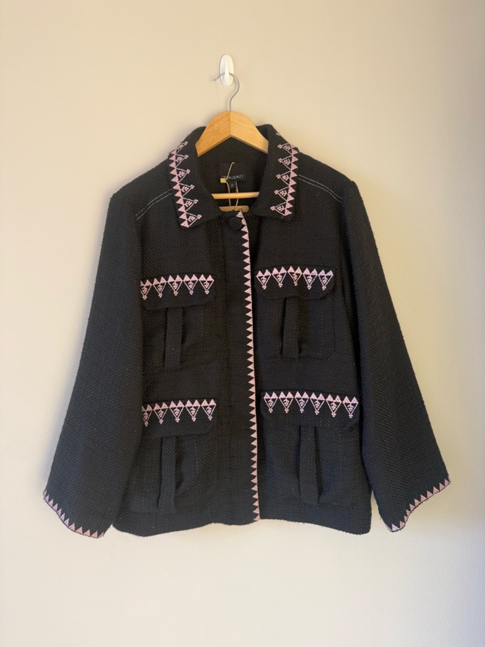 Cynthia Rowley Black Utility Tweed Jacket with Pink Embroidered Trim